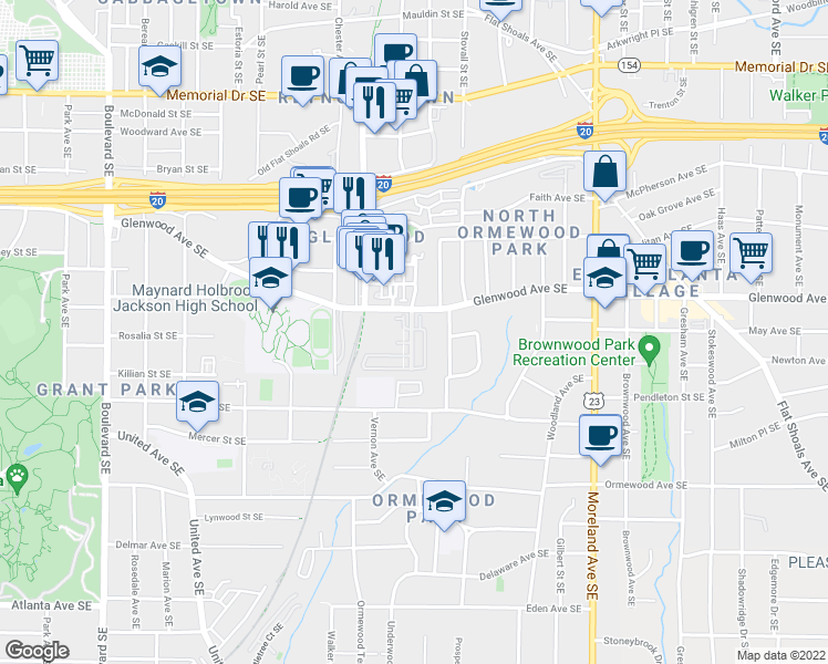 map of restaurants, bars, coffee shops, grocery stores, and more near 944 Glenwood Avenue Southeast in Atlanta