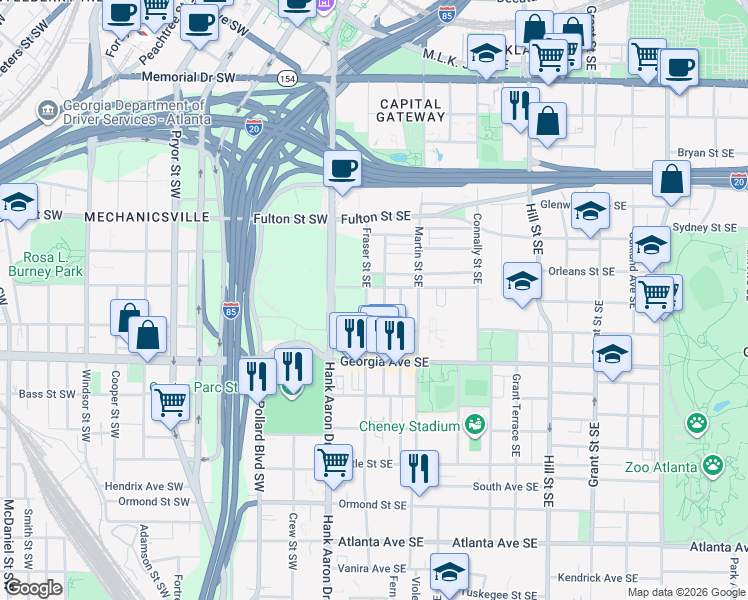 map of restaurants, bars, coffee shops, grocery stores, and more near 564 Fraser Street Southeast in Atlanta