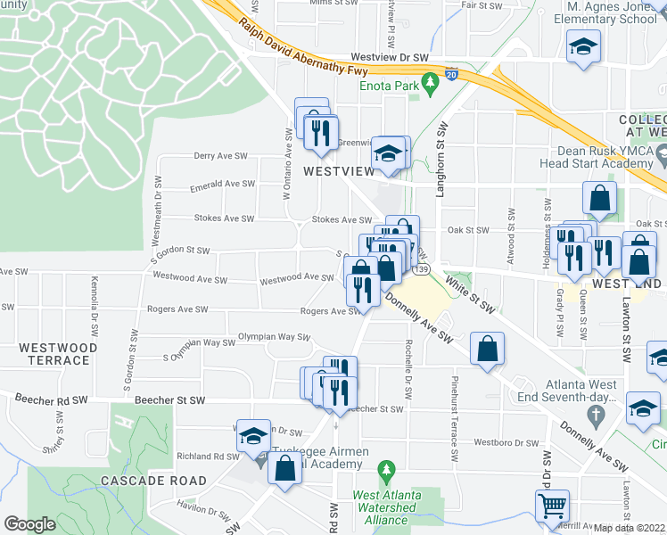 map of restaurants, bars, coffee shops, grocery stores, and more near 603 Willard Avenue Southwest in Atlanta
