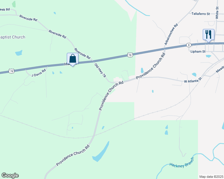 map of restaurants, bars, coffee shops, grocery stores, and more near 3055 Providence Church Road in Tallapoosa