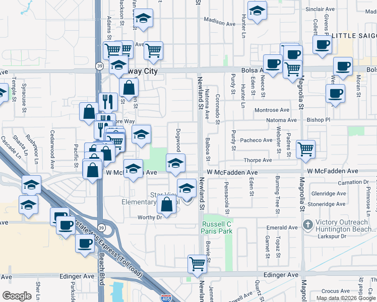 map of restaurants, bars, coffee shops, grocery stores, and more near 8451 Pepperwood Circle in Westminster