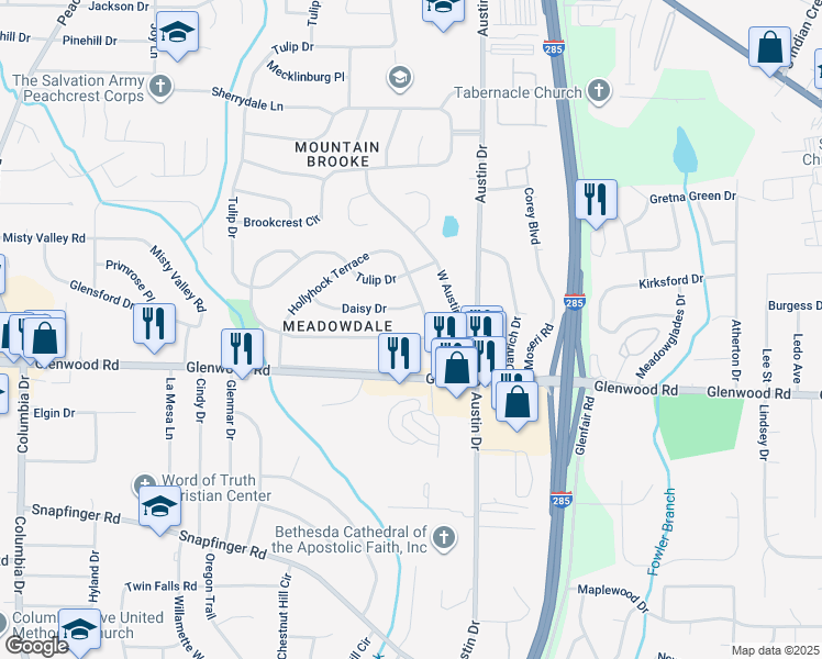 map of restaurants, bars, coffee shops, grocery stores, and more near 3738 Larkspur Terrace in Decatur