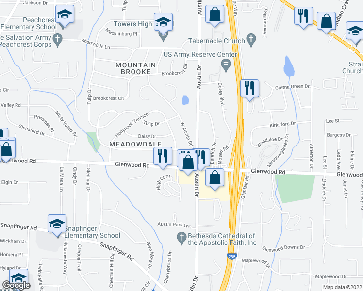 map of restaurants, bars, coffee shops, grocery stores, and more near 3770 Larkspur Terrace in Decatur