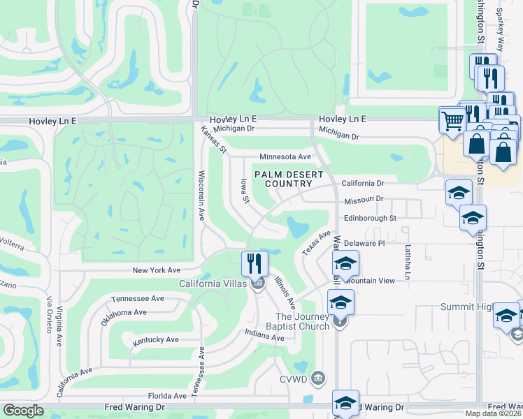 map of restaurants, bars, coffee shops, grocery stores, and more near 42700 Iowa Street in Palm Desert