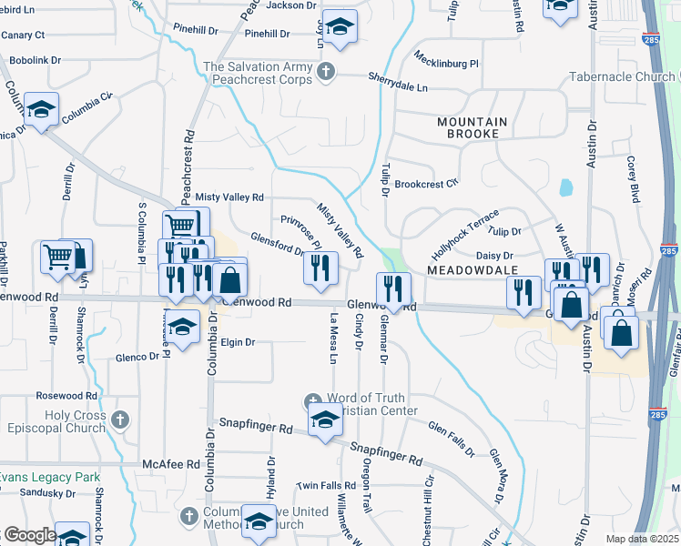 map of restaurants, bars, coffee shops, grocery stores, and more near 3533 Glensford Drive in Decatur