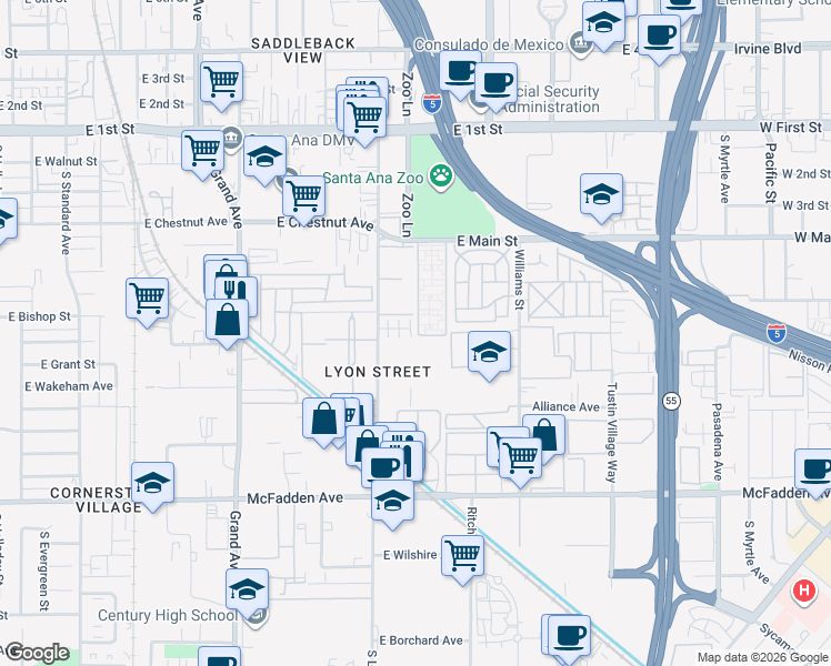 map of restaurants, bars, coffee shops, grocery stores, and more near 653 South Lyon Street in Santa Ana