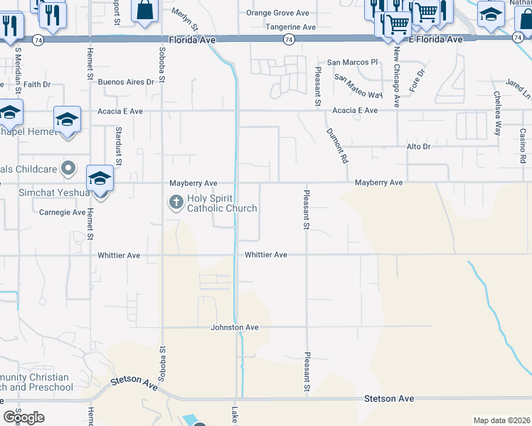 map of restaurants, bars, coffee shops, grocery stores, and more near 26328 Wisdom Drive in Hemet