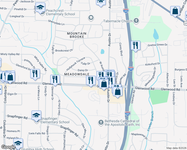 map of restaurants, bars, coffee shops, grocery stores, and more near 3738 Larkspur Terrace in Decatur