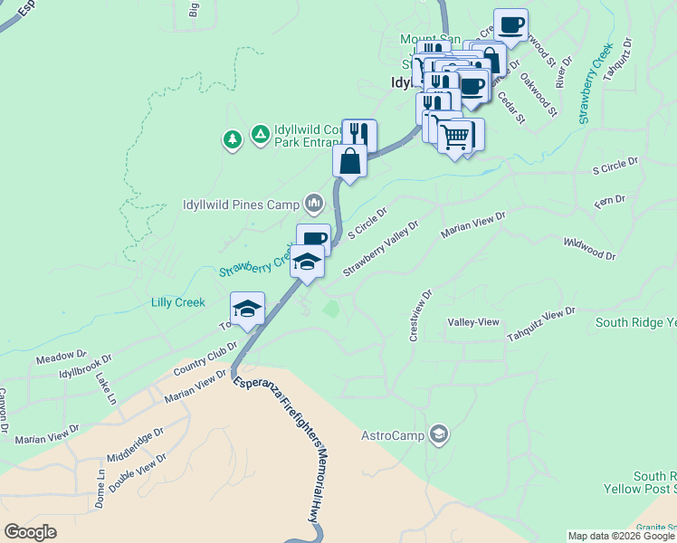 map of restaurants, bars, coffee shops, grocery stores, and more near 26540 California 243 in Idyllwild-Pine Cove
