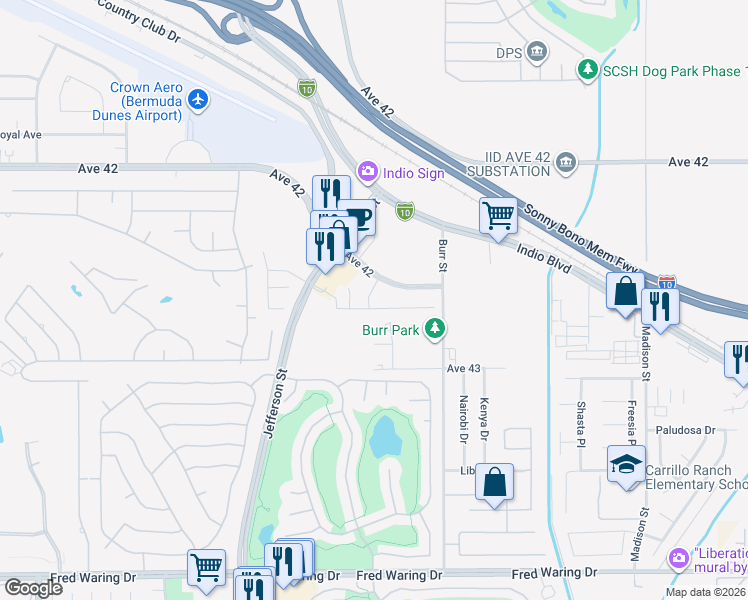map of restaurants, bars, coffee shops, grocery stores, and more near 42494 Aruba Court in Indio