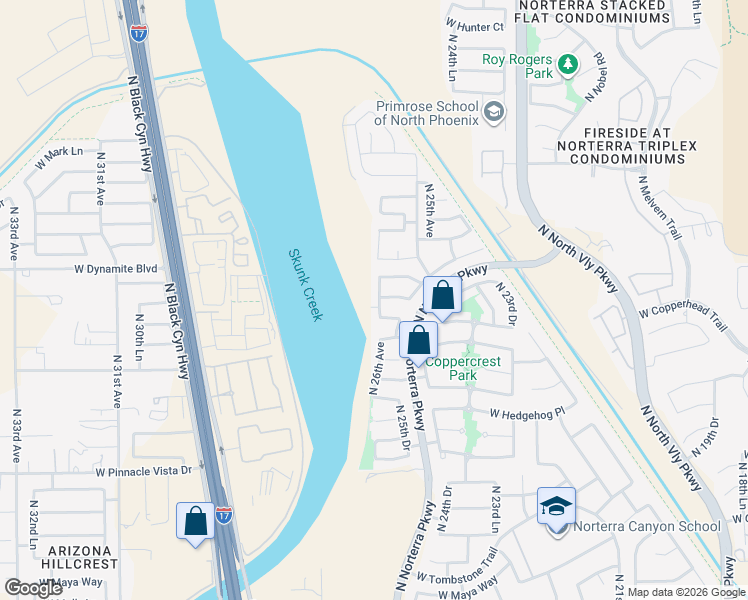 map of restaurants, bars, coffee shops, grocery stores, and more near 28036 North 25th Lane in Phoenix