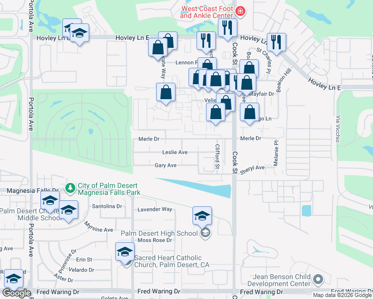 map of restaurants, bars, coffee shops, grocery stores, and more near 42521 Claudia Street in Palm Desert