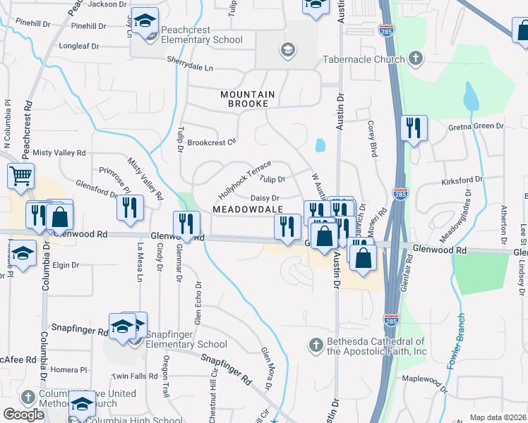 map of restaurants, bars, coffee shops, grocery stores, and more near 3692 Larkspur Terrace in Decatur