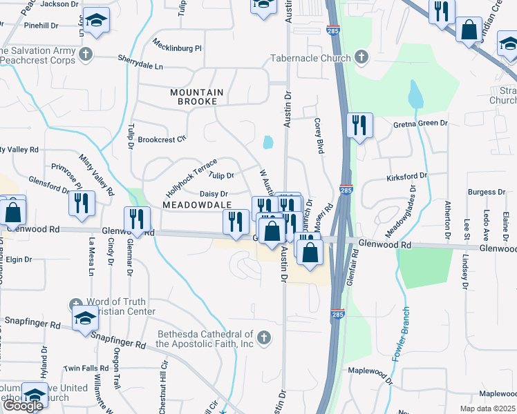 map of restaurants, bars, coffee shops, grocery stores, and more near 3762 Larkspur Terrace in Decatur