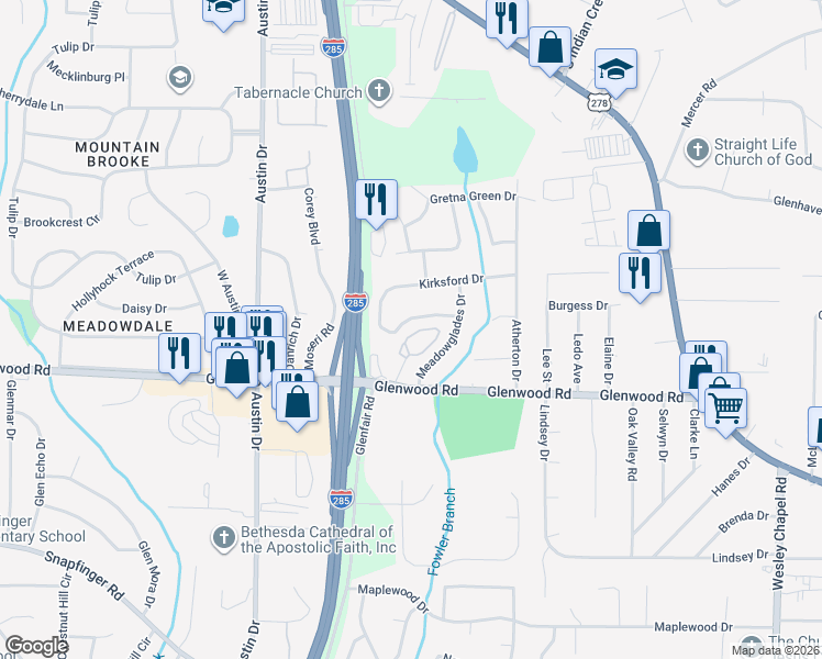 map of restaurants, bars, coffee shops, grocery stores, and more near 1763 Woodsloe Drive in Decatur