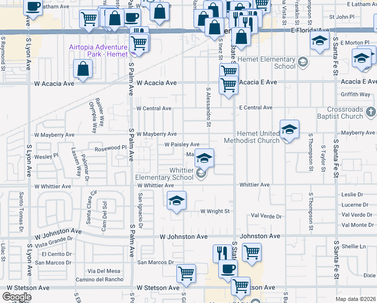 map of restaurants, bars, coffee shops, grocery stores, and more near 466 Mary Lane in Hemet