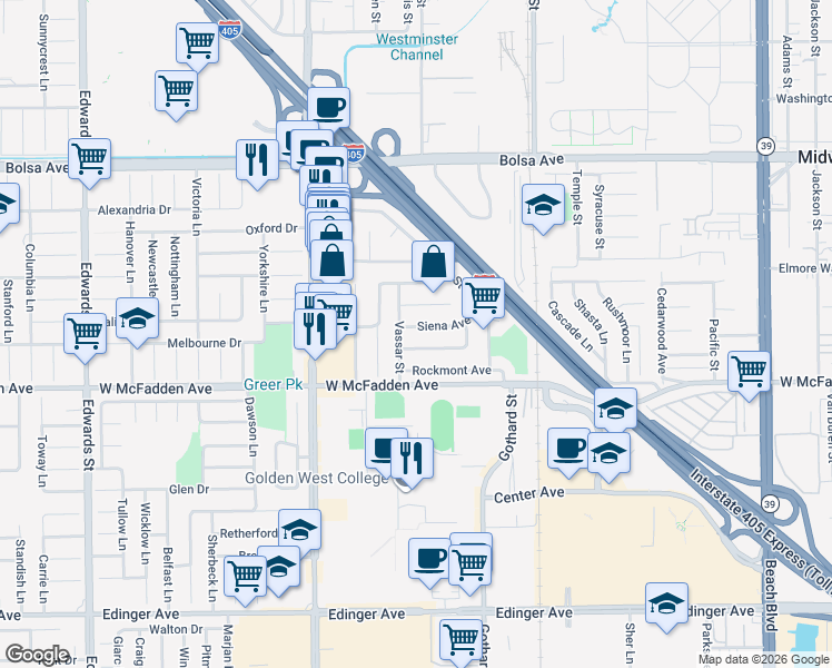 map of restaurants, bars, coffee shops, grocery stores, and more near 7232 Siena Avenue in Westminster