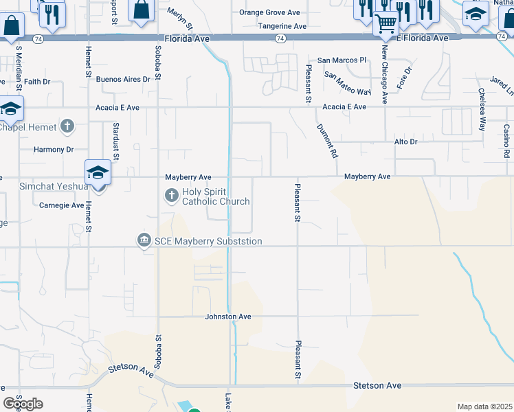 map of restaurants, bars, coffee shops, grocery stores, and more near 26328 Wisdom Drive in Hemet
