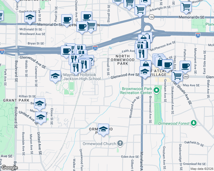 map of restaurants, bars, coffee shops, grocery stores, and more near 562 Glenwood Place Southeast in Atlanta