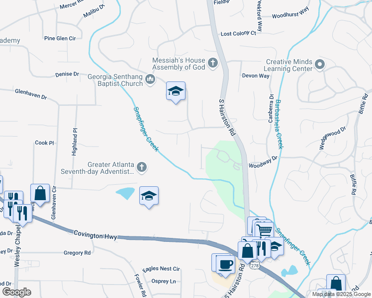 map of restaurants, bars, coffee shops, grocery stores, and more near 1783 Big Valley Lane in Stone Mountain