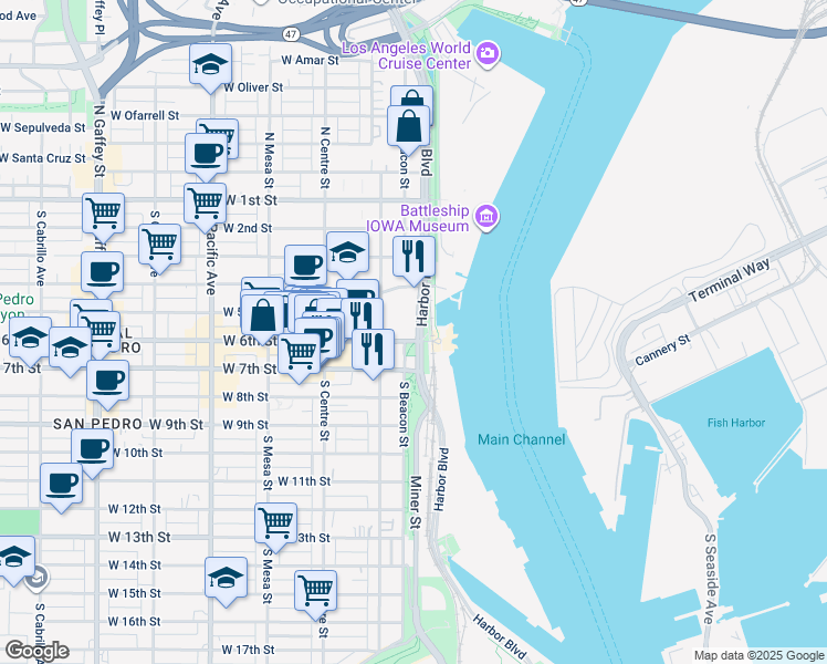 map of restaurants, bars, coffee shops, grocery stores, and more near 511 South Harbor Boulevard in Los Angeles