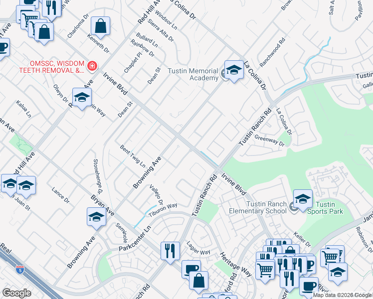map of restaurants, bars, coffee shops, grocery stores, and more near 12998 Eveningside Drive in Santa Ana