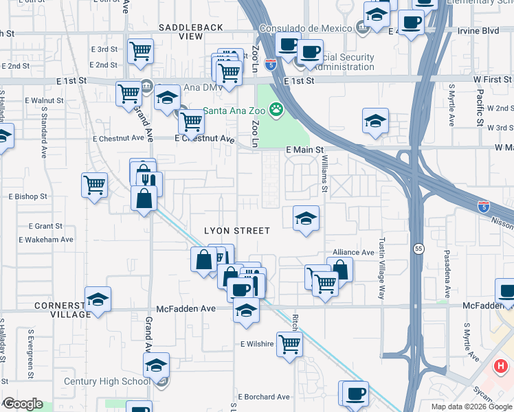 map of restaurants, bars, coffee shops, grocery stores, and more near 653 South Lyon Street in Santa Ana