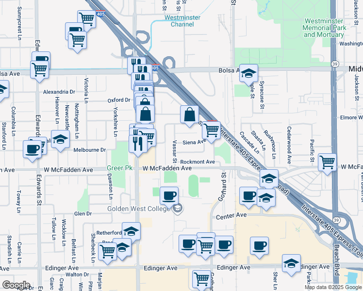 map of restaurants, bars, coffee shops, grocery stores, and more near 7232 Siena Avenue in Westminster
