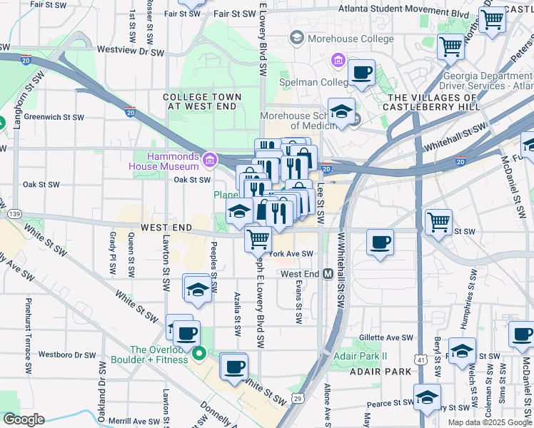 map of restaurants, bars, coffee shops, grocery stores, and more near 898 Oak Street Southwest in Atlanta