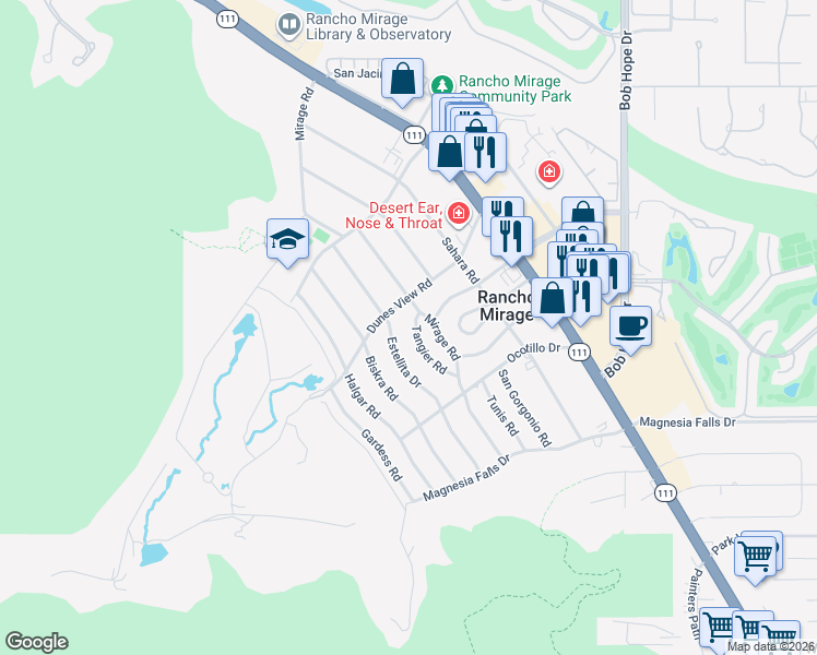 map of restaurants, bars, coffee shops, grocery stores, and more near 71521 Mirage Road in Rancho Mirage