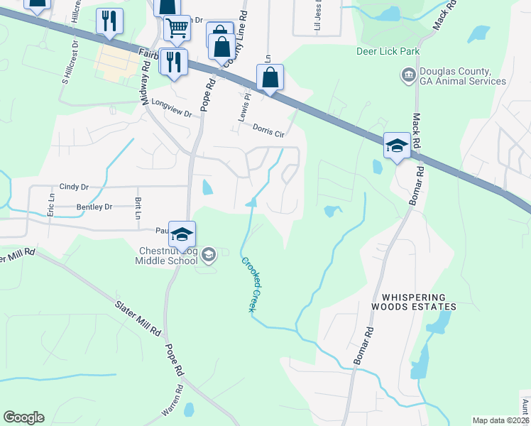 map of restaurants, bars, coffee shops, grocery stores, and more near 2551 Redbud Meadow Ln in Douglasville