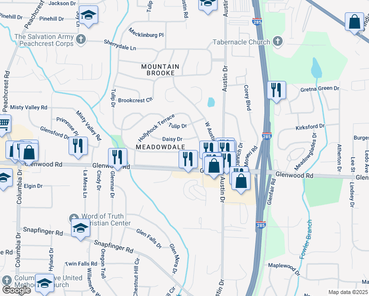 map of restaurants, bars, coffee shops, grocery stores, and more near 3720 Larkspur Terrace in Decatur