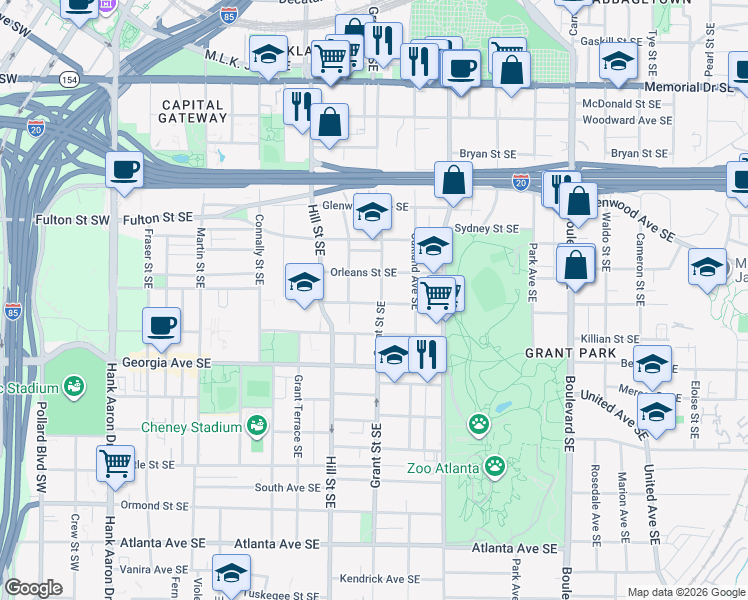 map of restaurants, bars, coffee shops, grocery stores, and more near 567 Grant St SE in Atlanta