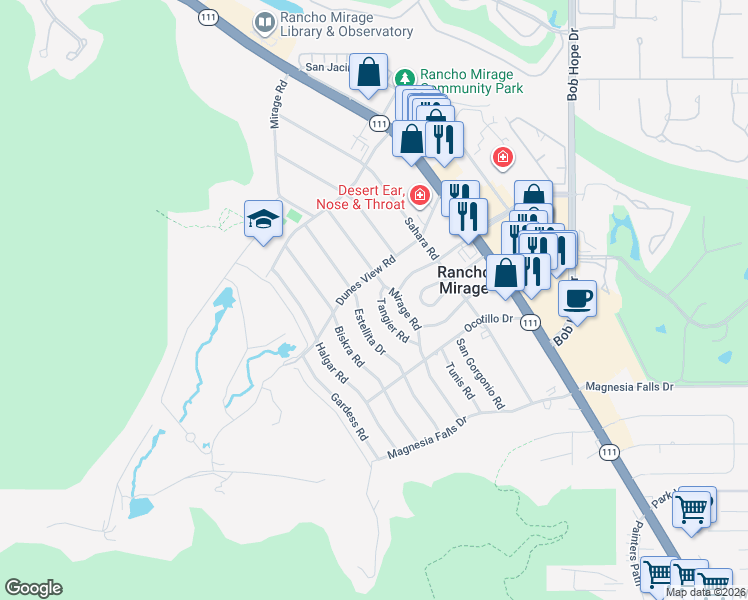 map of restaurants, bars, coffee shops, grocery stores, and more near 71525 Tangier Road in Rancho Mirage