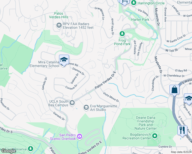map of restaurants, bars, coffee shops, grocery stores, and more near 3069 Crest Road in Rancho Palos Verdes