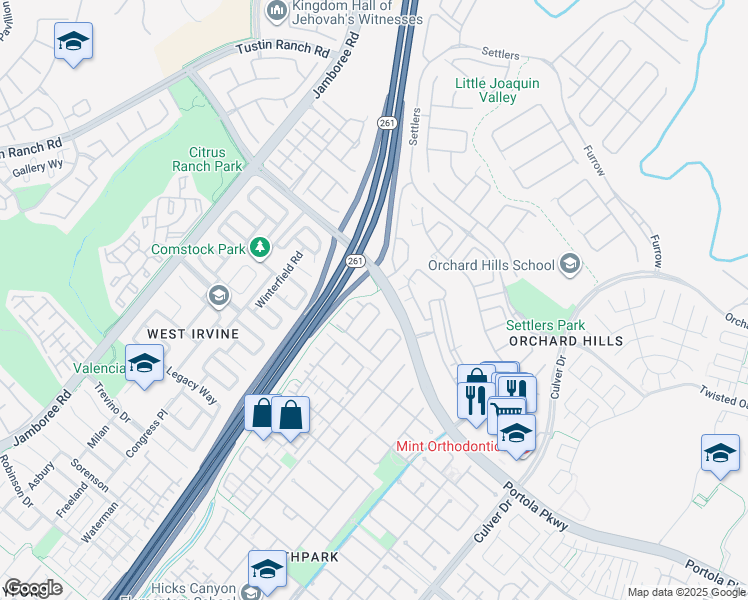 map of restaurants, bars, coffee shops, grocery stores, and more near 3 Larchwood in Irvine