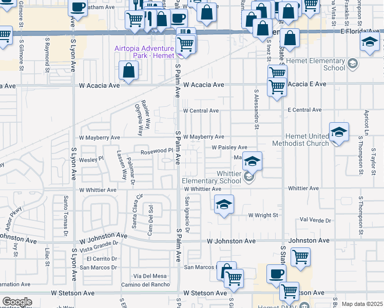 map of restaurants, bars, coffee shops, grocery stores, and more near 772 Oleander Street in Hemet