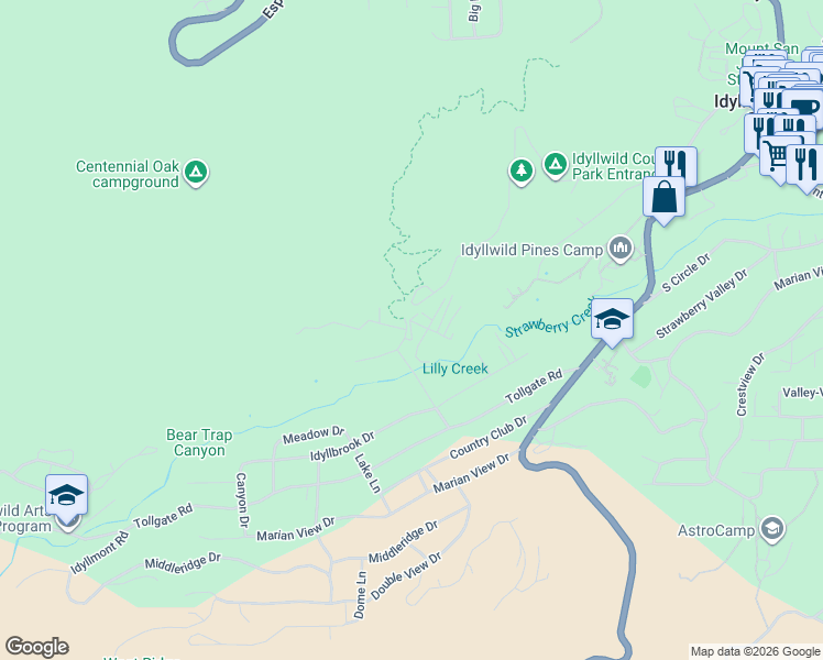map of restaurants, bars, coffee shops, grocery stores, and more near Cedar in Idyllwild-Pine Cove