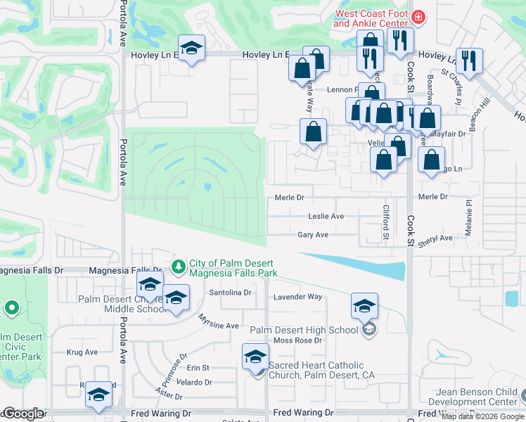 map of restaurants, bars, coffee shops, grocery stores, and more near 74636 Azurite Circle East in Palm Desert
