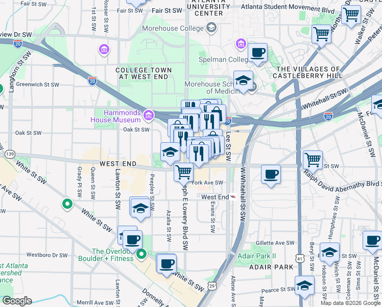 map of restaurants, bars, coffee shops, grocery stores, and more near 898 Oak Street Southwest in Atlanta