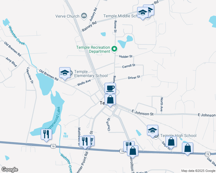 map of restaurants, bars, coffee shops, grocery stores, and more near 65 West Johnson Street in Temple