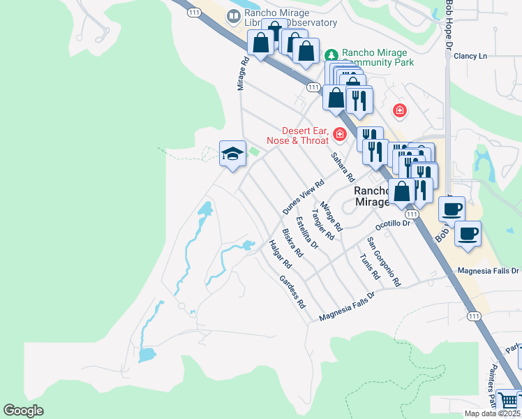 map of restaurants, bars, coffee shops, grocery stores, and more near 71355 Biskra Road in Rancho Mirage