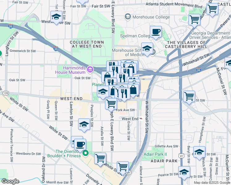 map of restaurants, bars, coffee shops, grocery stores, and more near 898 Oak Street Southwest in Atlanta