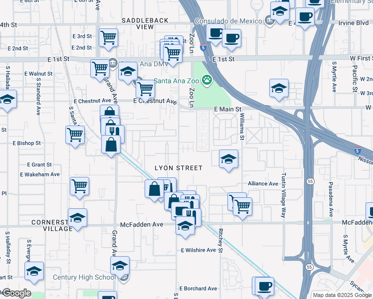 map of restaurants, bars, coffee shops, grocery stores, and more near 681 South Lyon Street in Santa Ana