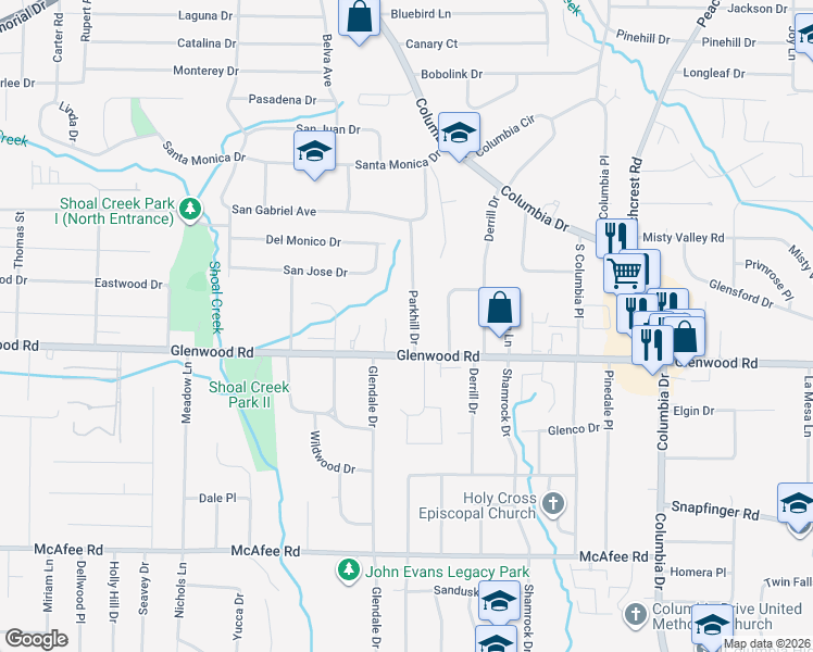 map of restaurants, bars, coffee shops, grocery stores, and more near 1773 Parkhill Drive in Decatur