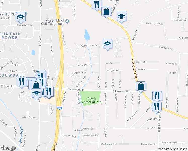 map of restaurants, bars, coffee shops, grocery stores, and more near 4021 Moffat Court in Decatur