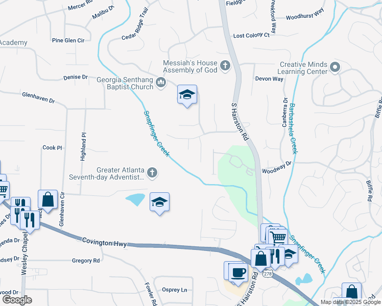 map of restaurants, bars, coffee shops, grocery stores, and more near 1764 Big Valley Way in Stone Mountain