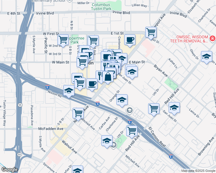 map of restaurants, bars, coffee shops, grocery stores, and more near 13882 Newport Avenue in Tustin
