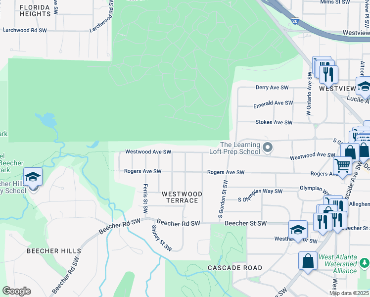 map of restaurants, bars, coffee shops, grocery stores, and more near 1921 Westwood Avenue Southwest in Atlanta