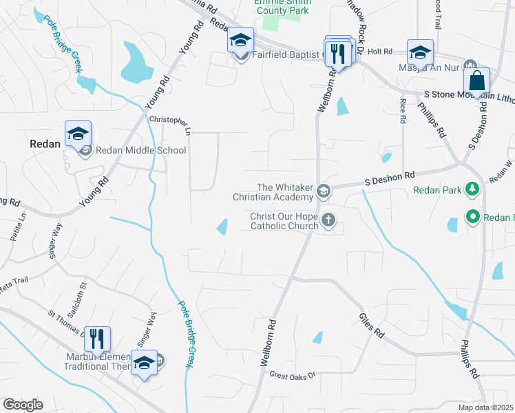 map of restaurants, bars, coffee shops, grocery stores, and more near 5969 South Deshon Court in Lithonia